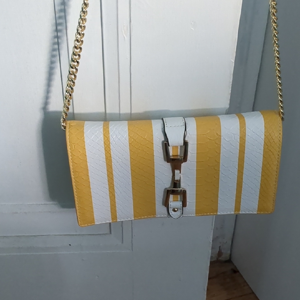 Sam Edelman Genuine Leather Yellow and White Striped Clutch with Gold Chain
